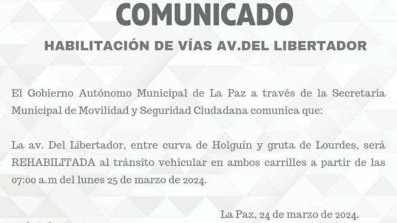 Comunicado sobre la Avenida del Libertador.