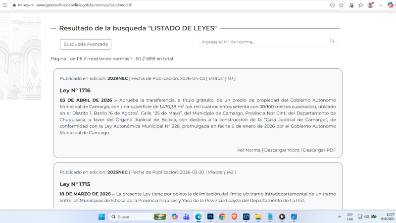 Registro del acápite de “últimas leyes” de la Gaceta 