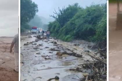 Torrencial lluvia provoca inundaciones, deja camiones varados y daños en en el acceso a un puente en Santa Cruz