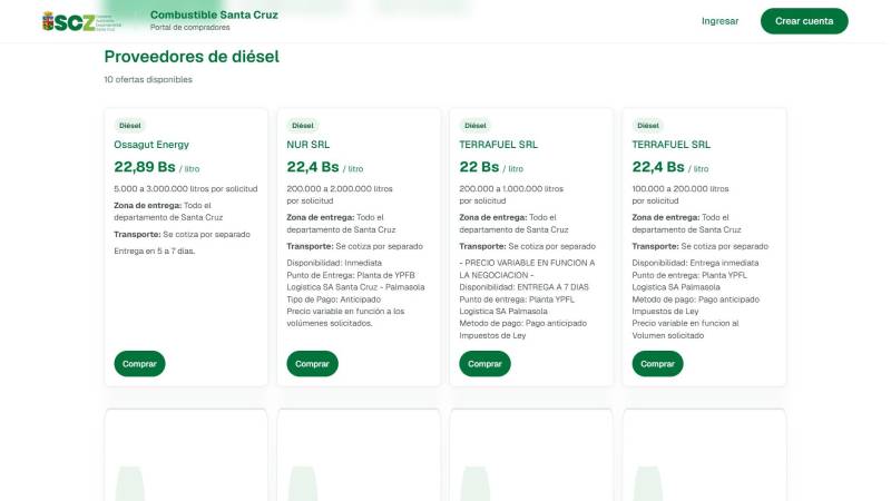 El portal hidrocarburos.santacruz.gob.bo permite verificar las ofertas, realizar pedidos e inscribirse como proveedor