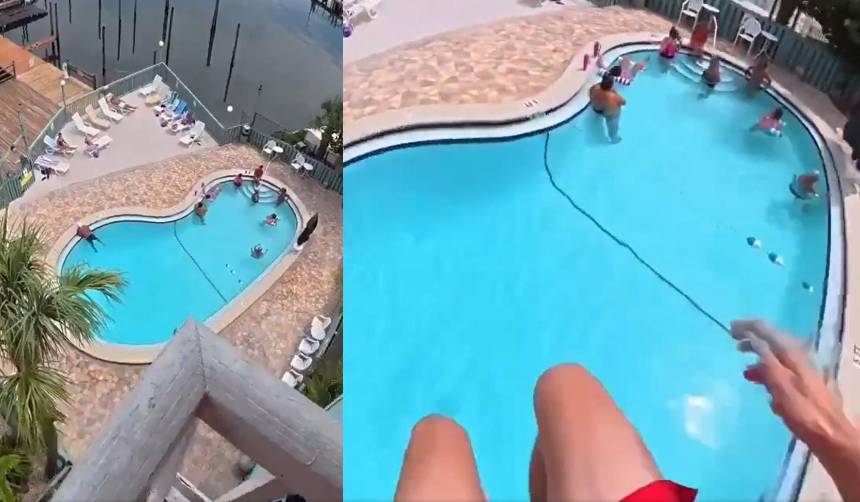 Grabó su salto desde un quinto piso a la piscina, pero no salió como esperaba