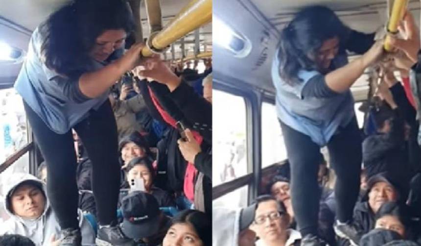¡Nadie se escapa! Cobradora trepa los asientos de un micro para cobrar el pasaje