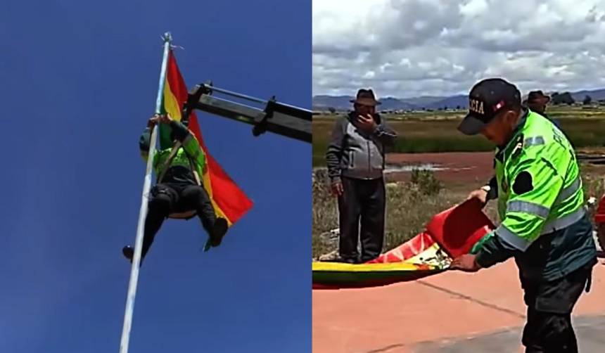 Retiran una bandera boliviana que fue izada en territorio peruano a orillas del Titicaca