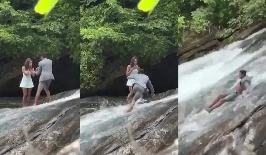 Propuesta de matrimonio sale mal: novio resbala y cae por una cascada con el anillo