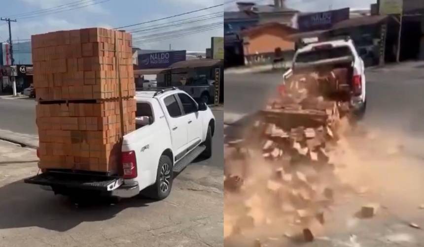 ¡Insólito! Hombre quiso ahorrar el flete y terminó con sus ladrillos tirados en la carretera
