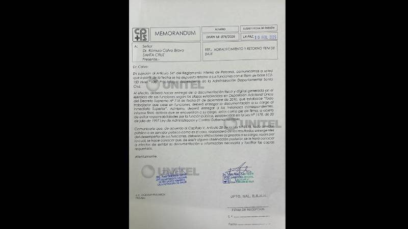 Este es el momerándum que el doctor Calvo recibió este miércoles