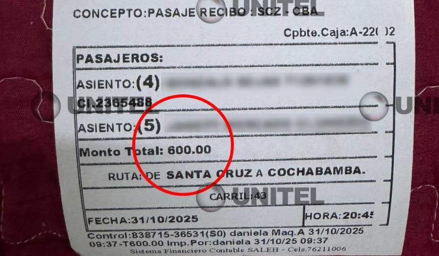 Denuncian que pasajes desde Santa Cruz a Cochabamba se venden a más del doble de lo permitido por la ATT